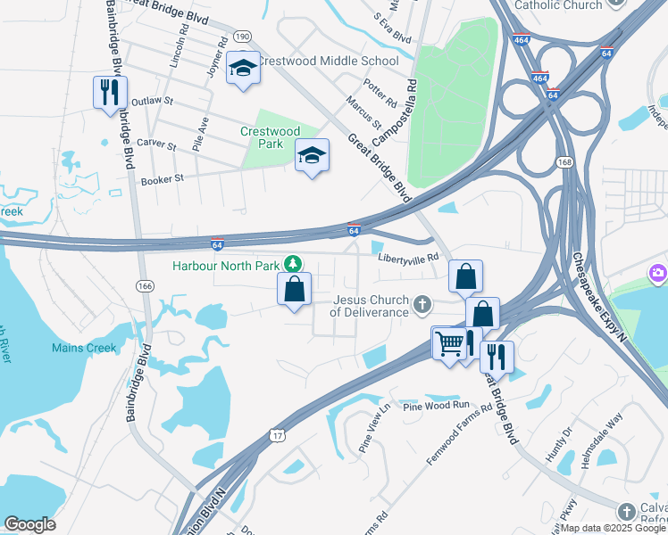 map of restaurants, bars, coffee shops, grocery stores, and more near 809 Mullen Road in Chesapeake
