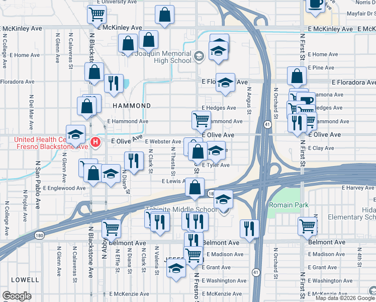 map of restaurants, bars, coffee shops, grocery stores, and more near 2340 East Clay Avenue in Fresno