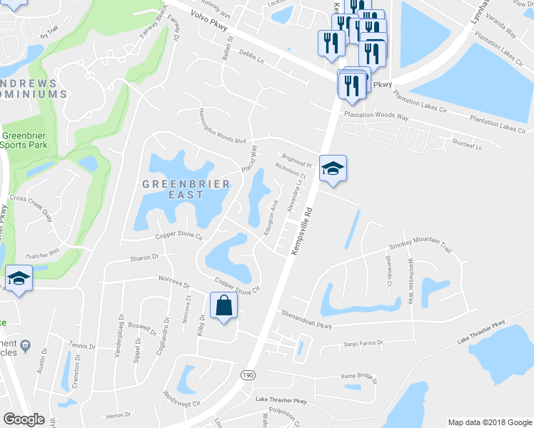 map of restaurants, bars, coffee shops, grocery stores, and more near 1131 Killington Arch in Chesapeake