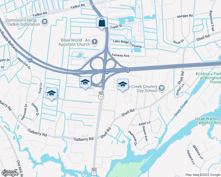 map of restaurants, bars, coffee shops, grocery stores, and more near 2712 Bywood Avenue in Chesapeake