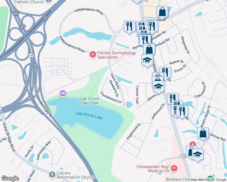 map of restaurants, bars, coffee shops, grocery stores, and more near 409 Shadowlake Drive in Chesapeake