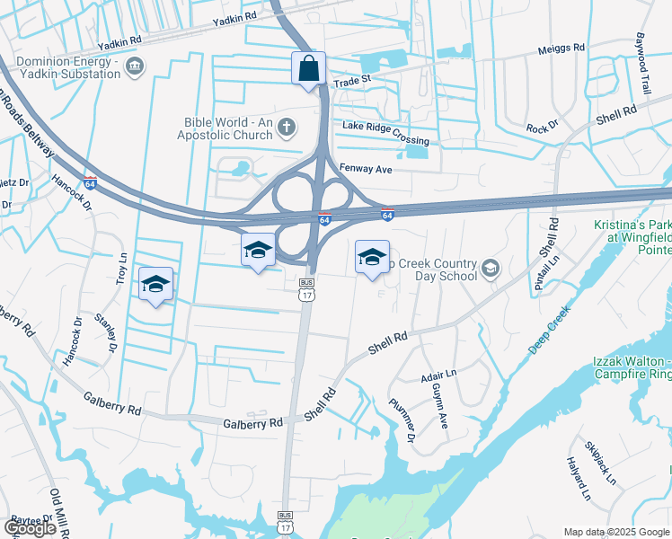 map of restaurants, bars, coffee shops, grocery stores, and more near 2712 Bywood Avenue in Chesapeake