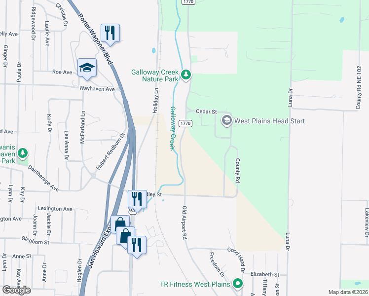map of restaurants, bars, coffee shops, grocery stores, and more near 2082 County Road 1770 in West Plains