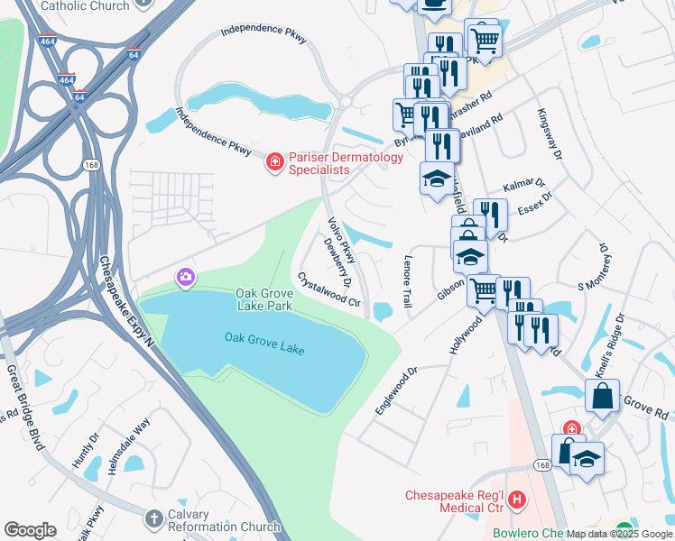 map of restaurants, bars, coffee shops, grocery stores, and more near 409 Shadowlake Drive in Chesapeake