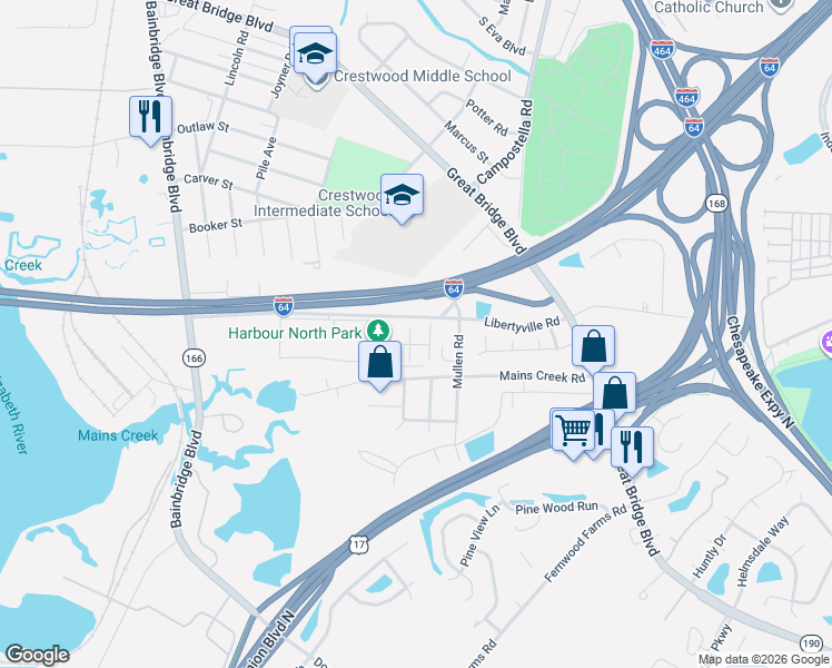 map of restaurants, bars, coffee shops, grocery stores, and more near 906 Harbour North Drive in Chesapeake