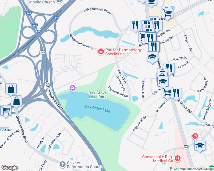 map of restaurants, bars, coffee shops, grocery stores, and more near 1132 Crystalwood Circle in Chesapeake
