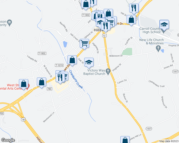 map of restaurants, bars, coffee shops, grocery stores, and more near 205 Oak Street in Hillsville