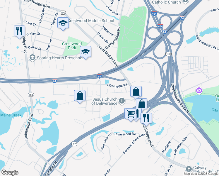 map of restaurants, bars, coffee shops, grocery stores, and more near 1005 Pershing Court in Chesapeake