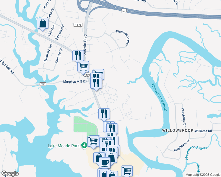 map of restaurants, bars, coffee shops, grocery stores, and more near 1000 Meridian Obici Way in Suffolk