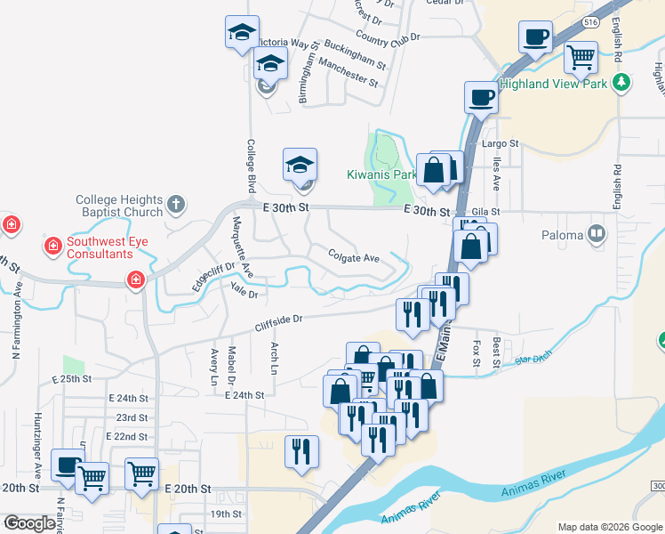 map of restaurants, bars, coffee shops, grocery stores, and more near 3308 Edgecliff Drive in Farmington