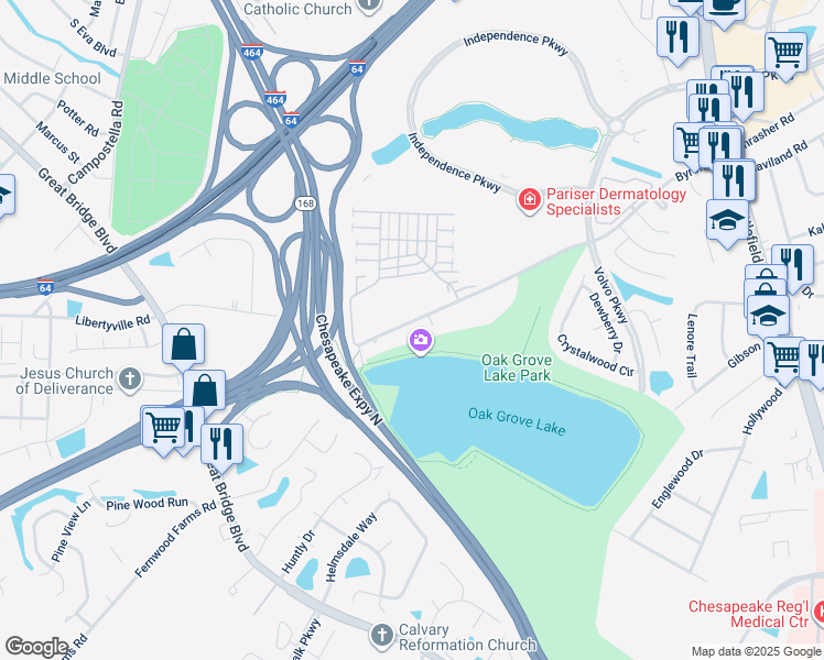 map of restaurants, bars, coffee shops, grocery stores, and more near 571 Byron Street in Chesapeake