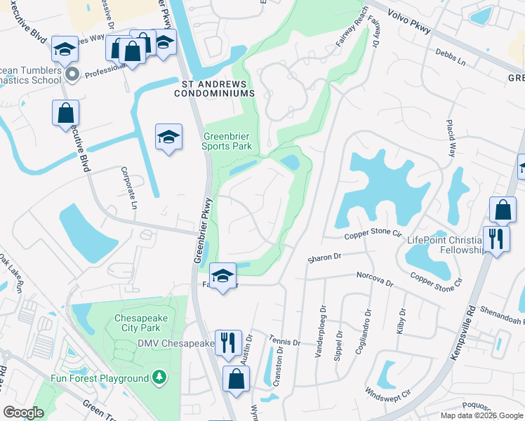 map of restaurants, bars, coffee shops, grocery stores, and more near 1101 Woodsmans Court in Chesapeake