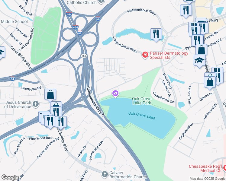 map of restaurants, bars, coffee shops, grocery stores, and more near 571 Byron Street in Chesapeake