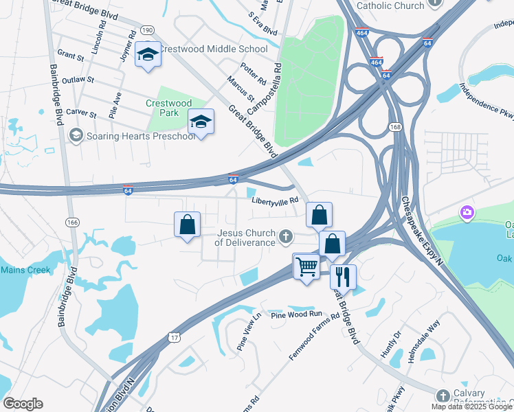 map of restaurants, bars, coffee shops, grocery stores, and more near 1005 Pershing Court in Chesapeake