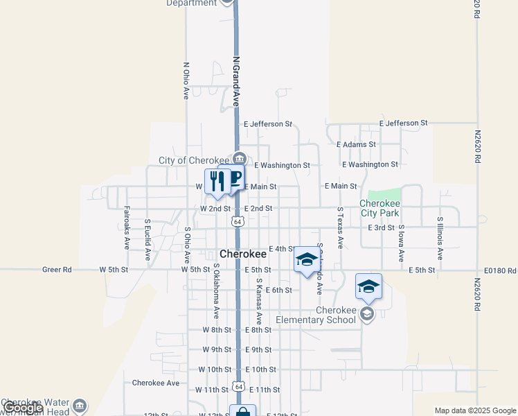 map of restaurants, bars, coffee shops, grocery stores, and more near 216 South Grand Avenue in Cherokee