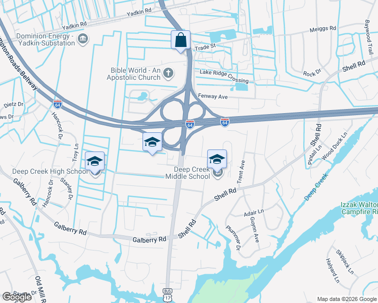 map of restaurants, bars, coffee shops, grocery stores, and more near 2713 Bywood Avenue in Chesapeake