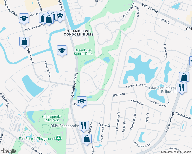 map of restaurants, bars, coffee shops, grocery stores, and more near 1101 Woodsmans Court in Chesapeake