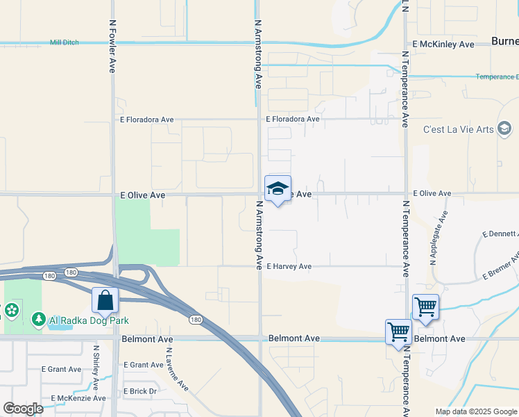 map of restaurants, bars, coffee shops, grocery stores, and more near 1448 North Armstrong Avenue in Fresno
