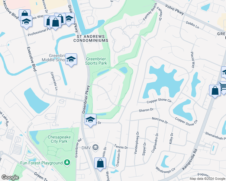 map of restaurants, bars, coffee shops, grocery stores, and more near 1009 Brandon Quay in Chesapeake