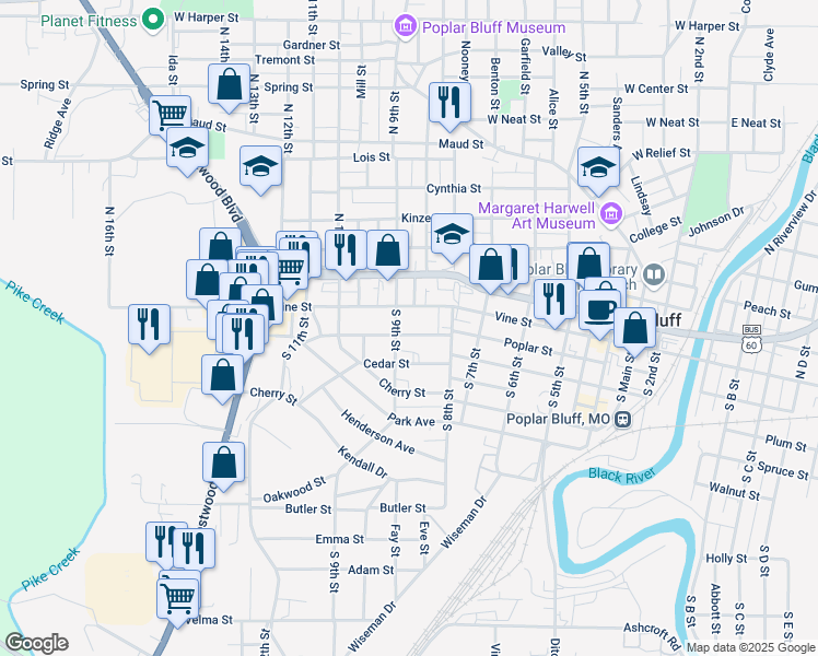 map of restaurants, bars, coffee shops, grocery stores, and more near 847 Vine Street in Poplar Bluff