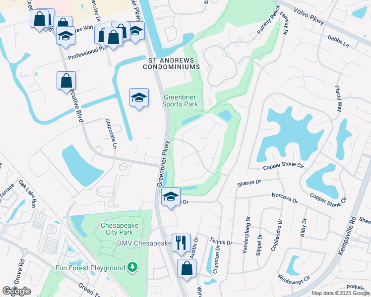 map of restaurants, bars, coffee shops, grocery stores, and more near 901 Clear Springs Court in Chesapeake