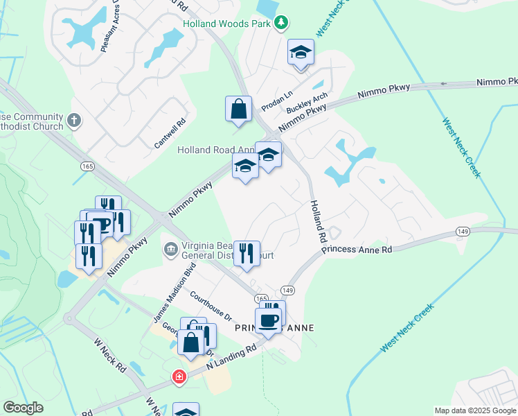 map of restaurants, bars, coffee shops, grocery stores, and more near 2328 Court Circle in Virginia Beach