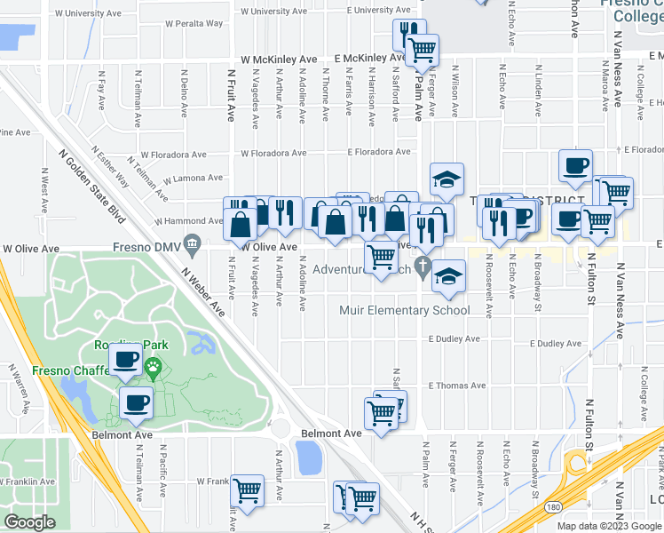 map of restaurants, bars, coffee shops, grocery stores, and more near 1106 North Thorne Avenue in Fresno