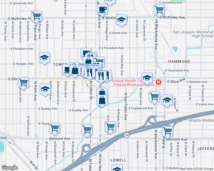 map of restaurants, bars, coffee shops, grocery stores, and more near 1110 East Olive Avenue in Fresno