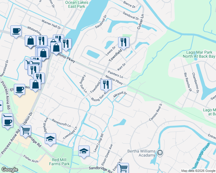map of restaurants, bars, coffee shops, grocery stores, and more near 1893 Rising Sun Arch in Virginia Beach