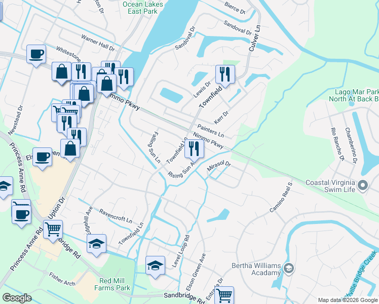map of restaurants, bars, coffee shops, grocery stores, and more near 1893 Rising Sun Arch in Virginia Beach