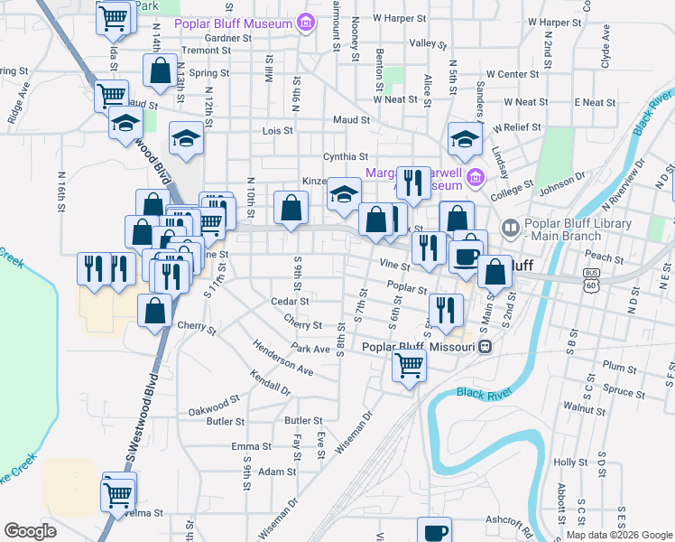 map of restaurants, bars, coffee shops, grocery stores, and more near 123 North 8th Street in Poplar Bluff