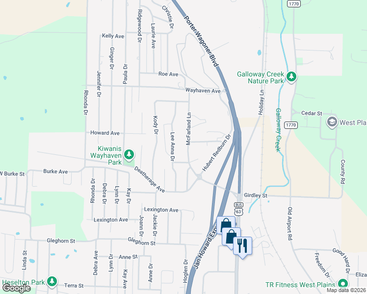 map of restaurants, bars, coffee shops, grocery stores, and more near 2622-2722 Lee Anna Dr in West Plains