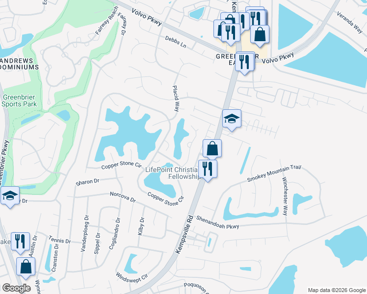 map of restaurants, bars, coffee shops, grocery stores, and more near 1147 Killington Arch in Chesapeake