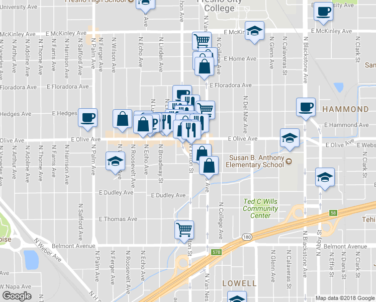 map of restaurants, bars, coffee shops, grocery stores, and more near 1115 North Fulton Street in Fresno