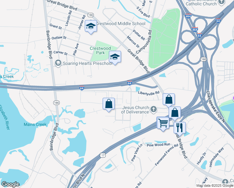 map of restaurants, bars, coffee shops, grocery stores, and more near 520 Harbour North Drive in Chesapeake