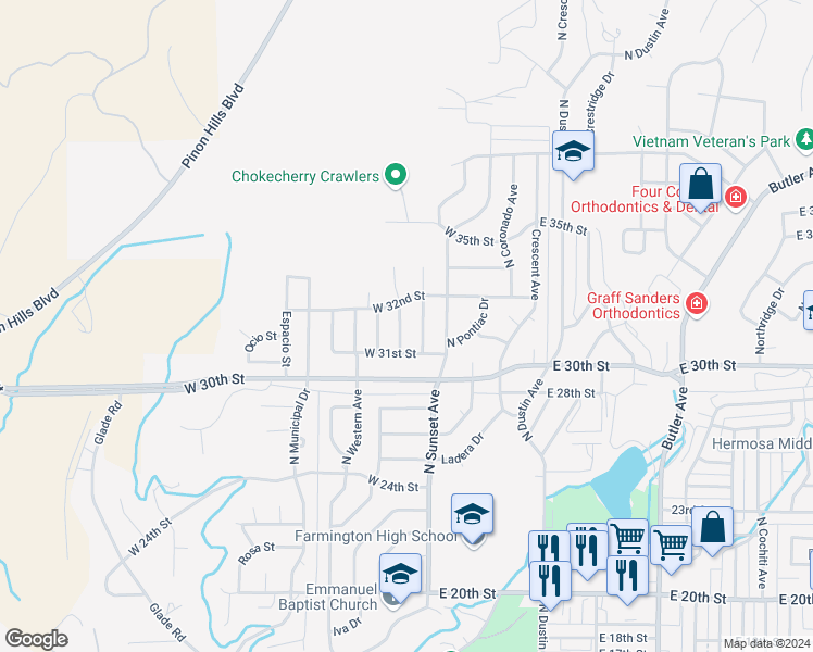 map of restaurants, bars, coffee shops, grocery stores, and more near 3106 North Mountain View Drive in Farmington
