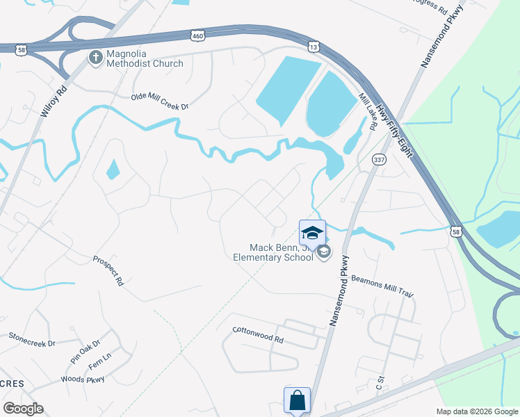 map of restaurants, bars, coffee shops, grocery stores, and more near 500 Patriots Walke Drive in Suffolk