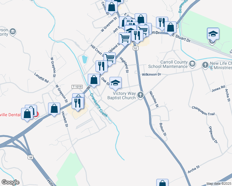 map of restaurants, bars, coffee shops, grocery stores, and more near 300 Oak Street in Hillsville