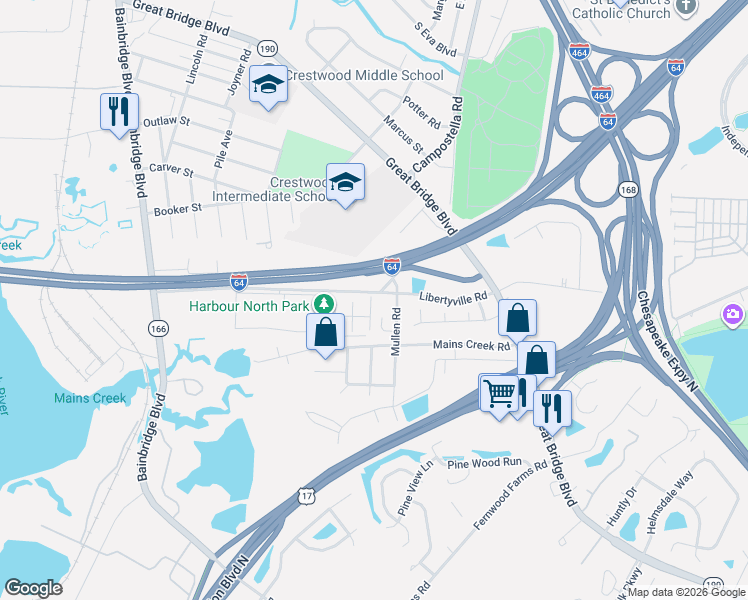 map of restaurants, bars, coffee shops, grocery stores, and more near 5285 Libertyville Road in Chesapeake
