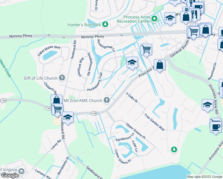 map of restaurants, bars, coffee shops, grocery stores, and more near 2300 Woodland Court in Virginia Beach