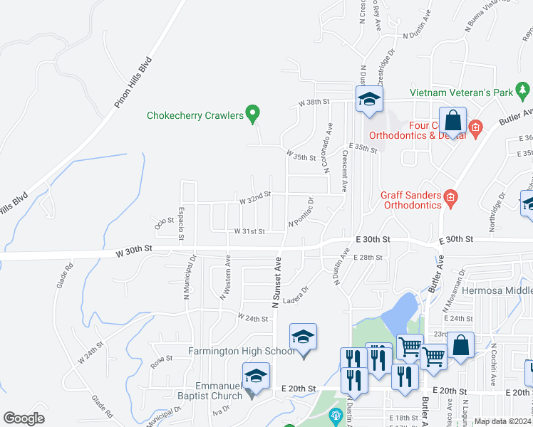 map of restaurants, bars, coffee shops, grocery stores, and more near 3107 Aspen Drive in Farmington
