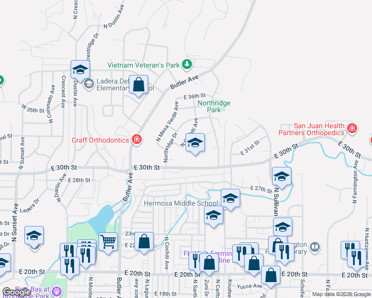 map of restaurants, bars, coffee shops, grocery stores, and more near 3208 North Cochiti Avenue in Farmington