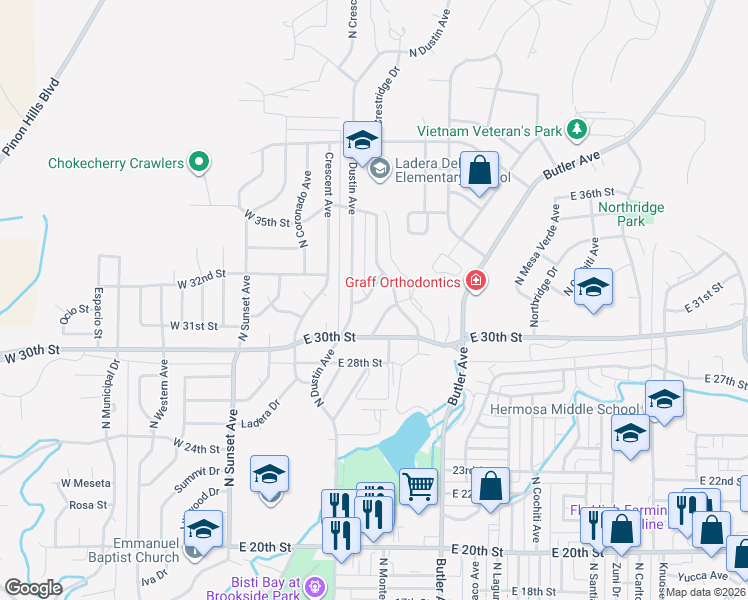 map of restaurants, bars, coffee shops, grocery stores, and more near 404 San Paula Avenue in Farmington