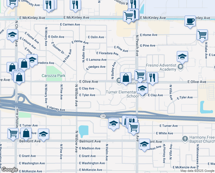 map of restaurants, bars, coffee shops, grocery stores, and more near 5108 East Olive Avenue in Fresno