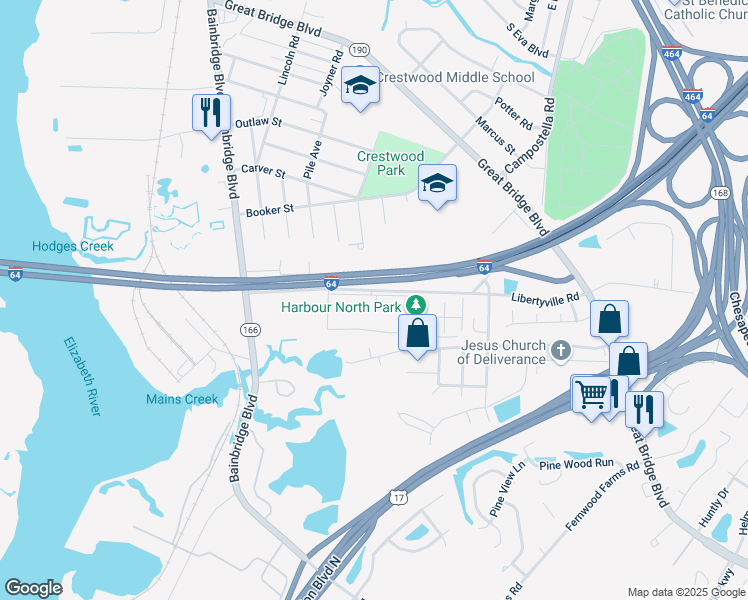 map of restaurants, bars, coffee shops, grocery stores, and more near 1015 Libertyville Road in Chesapeake