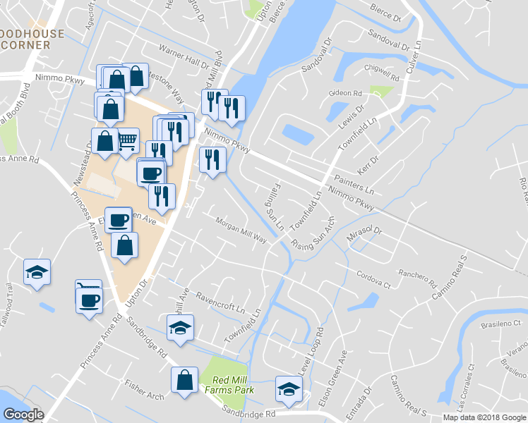 map of restaurants, bars, coffee shops, grocery stores, and more near 2025 Falling Sun Lane in Virginia Beach