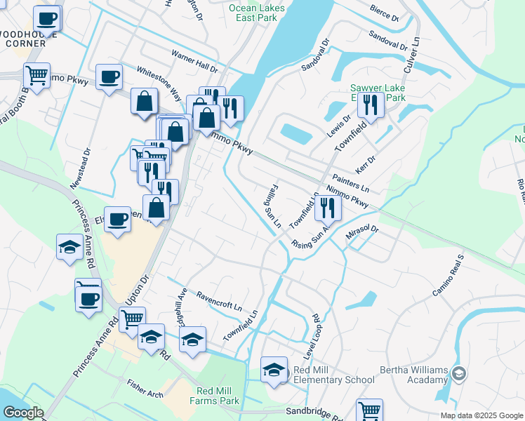 map of restaurants, bars, coffee shops, grocery stores, and more near 2025 Falling Sun Lane in Virginia Beach