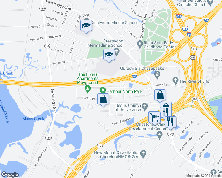map of restaurants, bars, coffee shops, grocery stores, and more near 520 Harbour North Drive in Chesapeake
