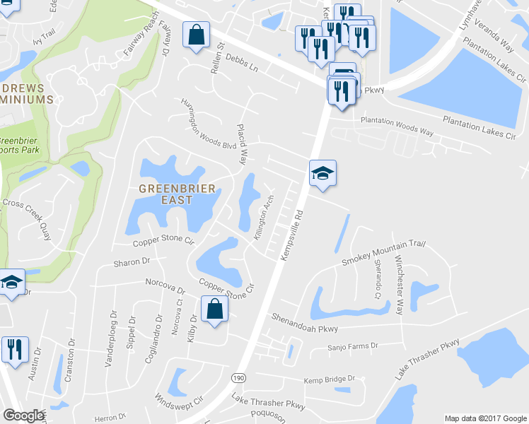 map of restaurants, bars, coffee shops, grocery stores, and more near 1155 Killington Arch in Chesapeake