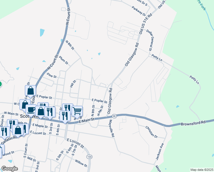 map of restaurants, bars, coffee shops, grocery stores, and more near 110 East Moncrief Street in Scottsville